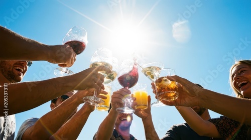 Low angle group cheers with glasses lifted toward sun for summer party banner and social event background