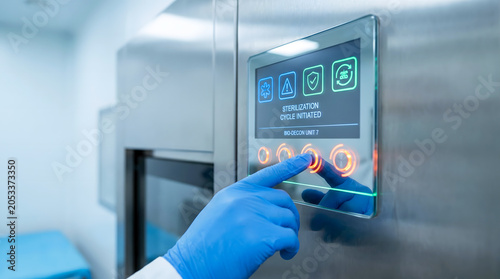 Technician operating plasma sterilizer in laboratory