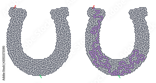 U shaped dense maze puzzle with highlighted solution path