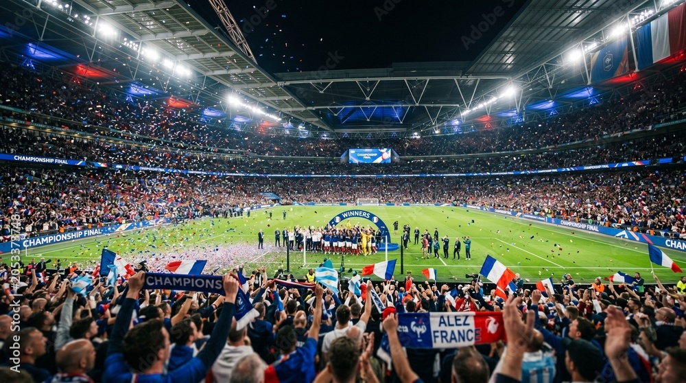 Obraz premium Excited crowd celebrating a championship final in a packed stadium with green field and bright lights at night