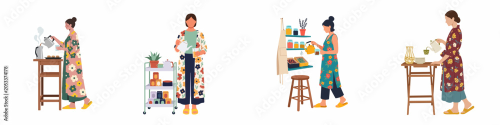 Fototapeta premium Set of flat vector illustrations depicting a woman's cozy tea rituals at home, featuring floral robes, kitchen settings, and relaxing morning routines.