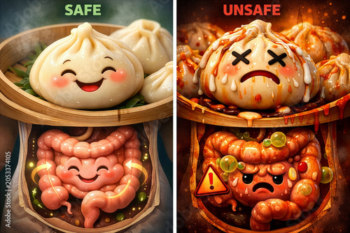 Safe vs Unsafe Dumplings: A Humorous Food Illustration