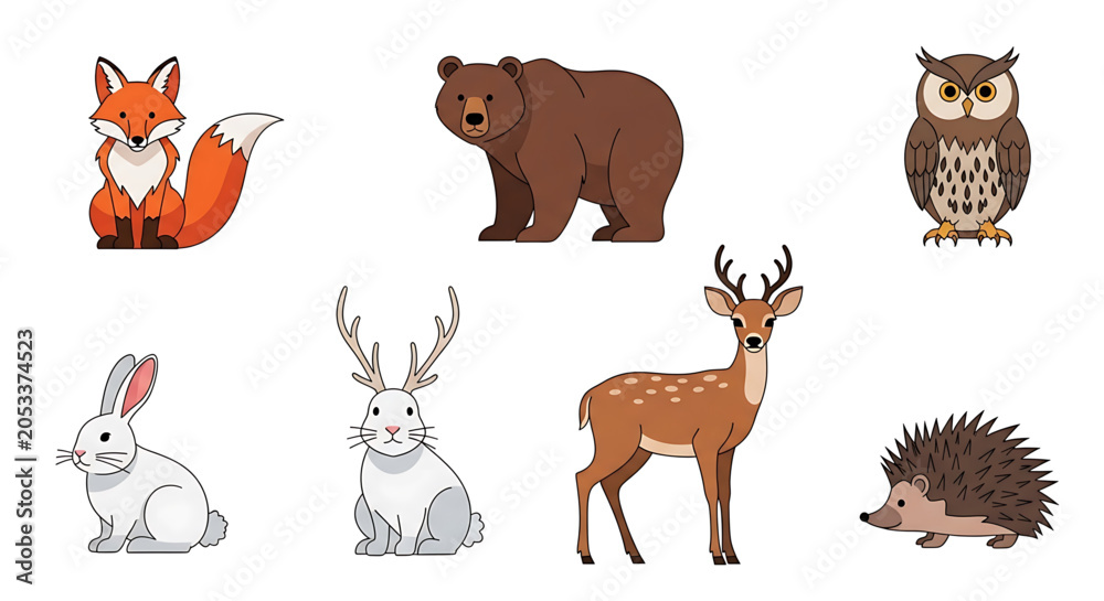 Obraz premium Set of cute woodland forest animals including a fox bear owl rabbit jackalope deer and hedgehog illustrated in a clean flat vector style on white background
