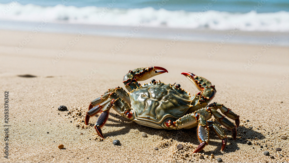 Obraz premium Green Crab Walking on Tropical Beach Sand Near Ocean Waves