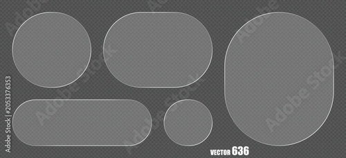 Set of clear glass buttons circles ovals and rounded rectangles with reflective silver edges.