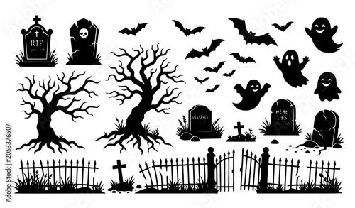 Halloween cemetery silhouette vector pack with spooky graves ghosts bats haunted trees and decorative grass elements