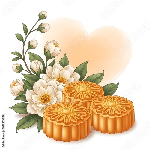 Illustration of three mooncakes and white peony flowers with heart shaped background for Mid-Autumn Festival Mid-Autumn Festival