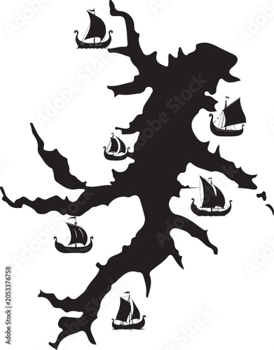 Viking Longships Navigating Fjords and Coastline Silhouette Vector Art