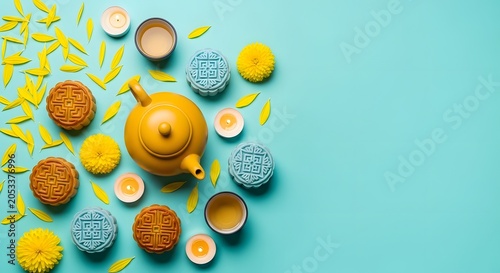 Assorted mooncakes with teapot and tea cups on light blue background with yellow petals and tea candles Mid-Autumn Festival