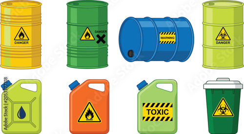 фотографія Chemical waste barrels and toxic jerrycans vector set with hazardous substance s