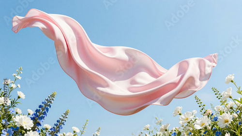 Graceful Pink Silk Fabric Flowing in Blue Sky over Flowers