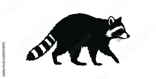 Silhouette of a Raccoon Walking with Striped Tail.