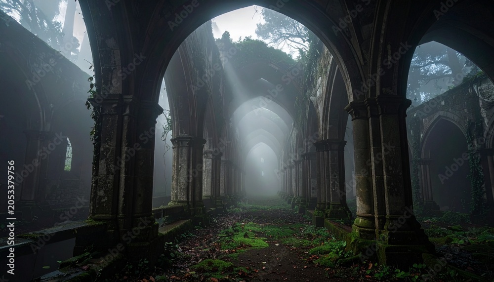 Obraz premium Misty forest path leading to ancient stone archway.