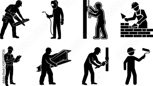 Schilderij op canvas Black vector construction worker silhouettes set featuring carpenter welder elec
