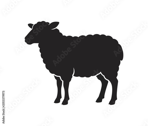 Silhouette of a fluffy sheep standing profile view.
