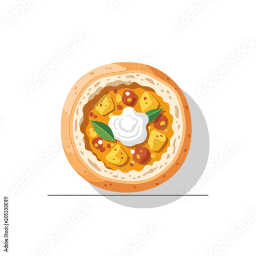 Fotografía Top view of a delicious Indian curry served in a bread bowl with a dollop of cream and basil leaves