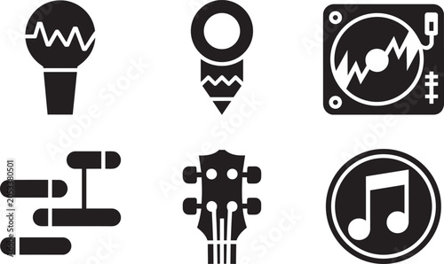 Foto Modern music, audio production, instruments, and sound wave icons set in solid s
