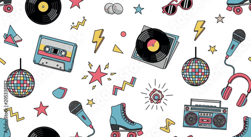 Retro 80s and 90s pop music seamless pattern background with vector cartoon doodles of vinyl records, audio cassette tape, boombox, disco ball, and roller skates.