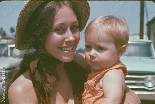 Mother holding a baby smiling in 1970s
