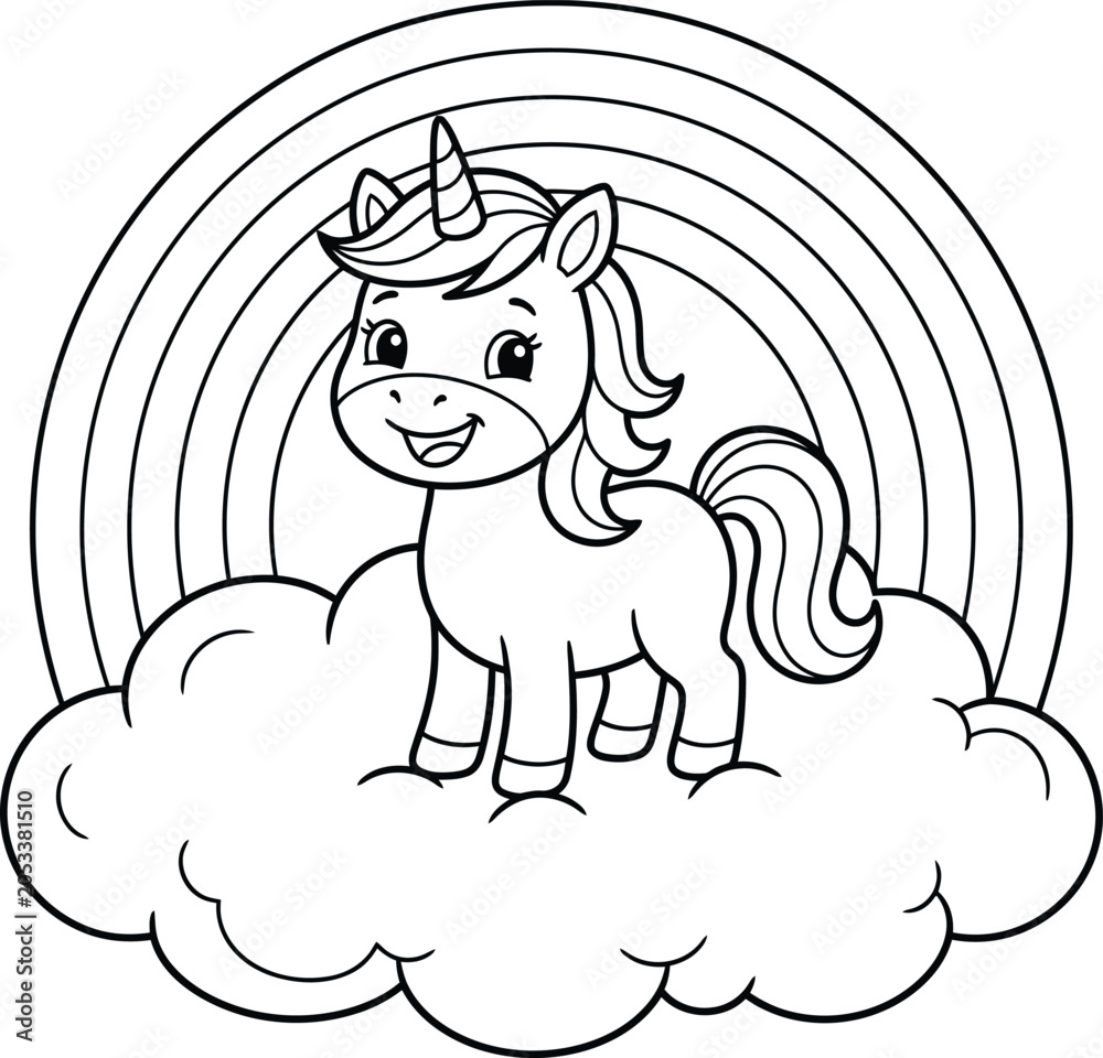 Obraz premium Cute smiling baby unicorn standing on fluffy white cloud fantasy creature eps10