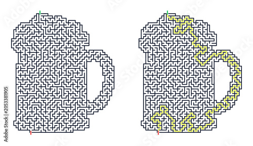 Beer mug maze puzzle with highlighted solution path