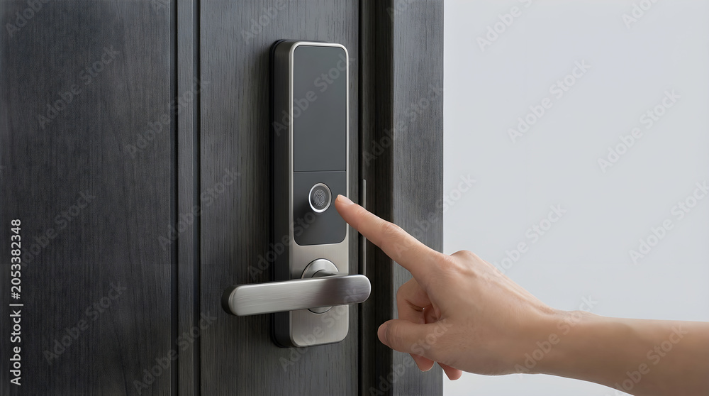 Naklejka premium Person using a modern smart door lock with fingerprint scanner for secure home access and keyless entry.