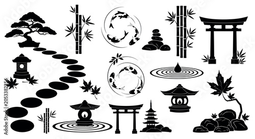 Japanese Zen garden solid black silhouettes vector icons set featuring traditional torii gates, bonsai tree, koi fish, stone lanterns, and bamboo stalks.