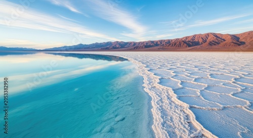 Salt flats with reflective blue water and mountain landscape
