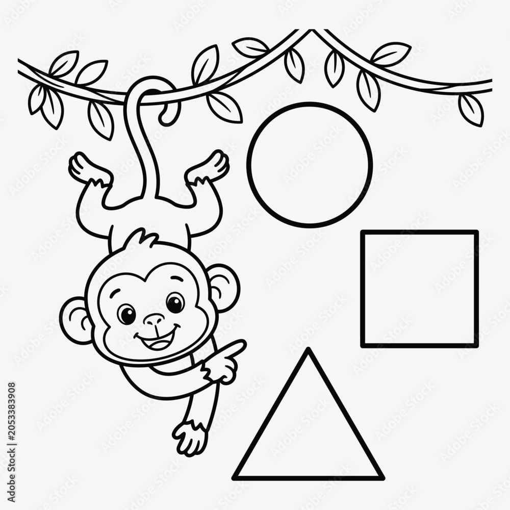 Fototapeta premium Cute Monkey Learning Shapes Worksheet for Kids Educational Coloring Page with Circle Square and Triangle