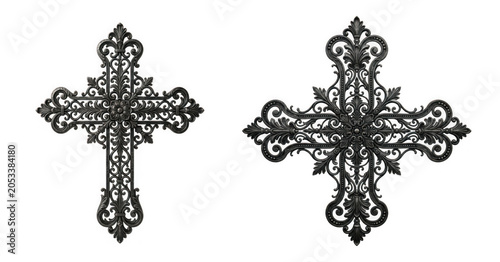 Two decorative vintage black ornate crosses as cut out PNG isolated on transparent background
