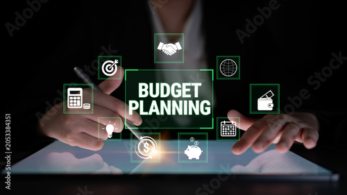 Quadro em tela Strategic Budget Planning with Digital Tools and Financial Icons for Effective Management and Decision-Making in Business Environments Fluxor