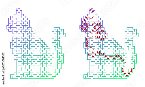 Cat shaped maze printable with answers on transparent background, ideal for table games, websites and children magazines