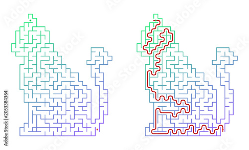 Printable cat labyrinth for kids with ready solution on transparent background for educational books and print media
