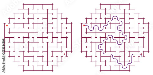 Printable circular labyrinth with answers for education and fun on a transparent background for table games, books and websites