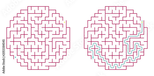 Circular shaped maze printable with solution on a transparent background, suitable for educational websites, activity books and magazines