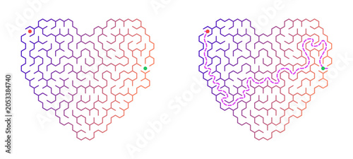 Printable heart labyrinth with answers for kids on a transparent background for websites, activity books, magazines and board games