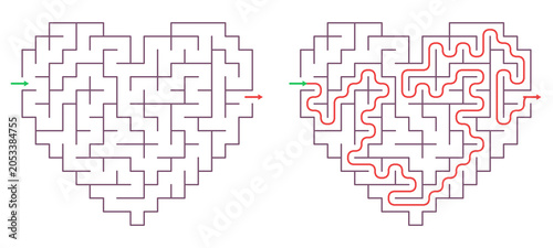 Printable heart maze for kids with ready answers on a transparent background, perfect for education, table games and print media