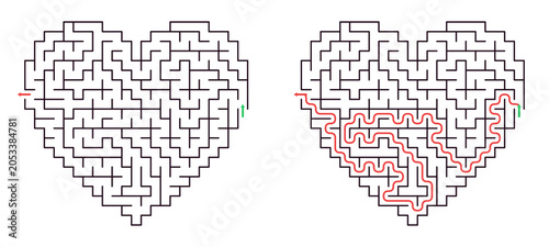 Heart labyrinth printable with solution for children on a transparent background, ideal for websites, books and educational magazines