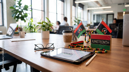 Juneteenth celebration office desk tablet decoration workspace corporate holiday themed professional environment diversity awareness editorial marketing publication
