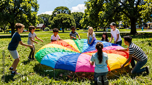 Diverse Group of Children Playing Together With a Colorful Parachute