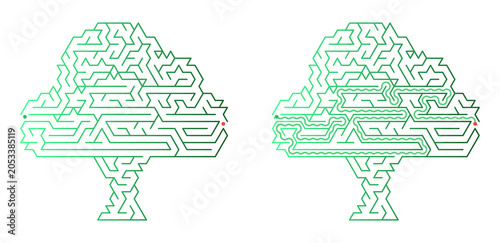 Printable tree labyrinth with answers for kids on a transparent background for websites, activity books, magazines and board games