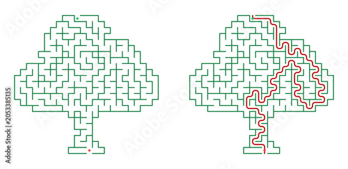 Tree maze printable for children with solution on a transparent background, suitable for educational websites, books and board games