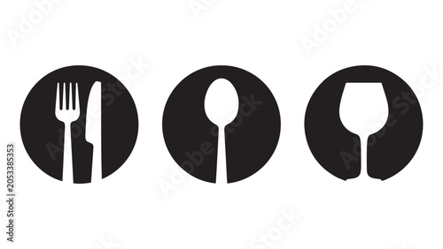 Creative restaurant dining round icons set featuring fork, knife, spoon, and glass silhouettes