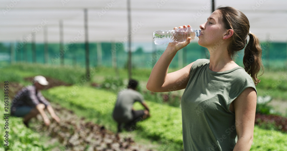 Obraz premium Woman, farmer and drinking with water in greenhouse for natural sustainability or food production. Thirsty, female person or farming with mineral liquid for hydration, agro business or agriculture