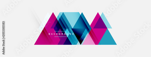Abstract geometric shapes, vibrant colors, modern design. Pink, blue, gray triangles overlap creating dynamic visual effect. Minimalist background.
