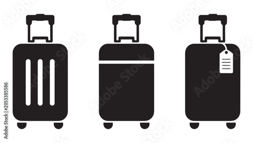 Travel luggage suitcase set with adjustable handle, wheels, and security tag silhouette icon