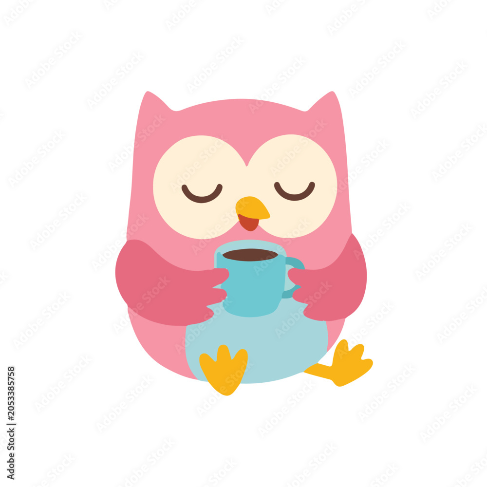 Fototapeta premium Cute Pink Owl Drinking Coffee or Hot Tea Cartoon Character