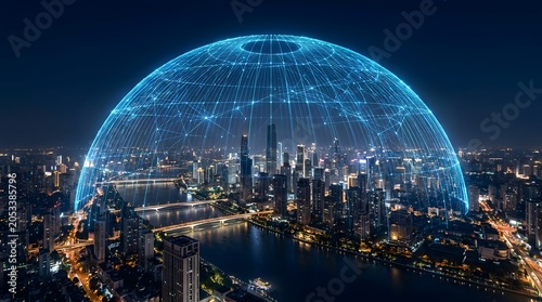 Futuristic digital dome protecting a sprawling modern city at night.