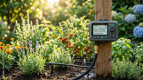 Garden irrigation control system in summer garden with flowers  