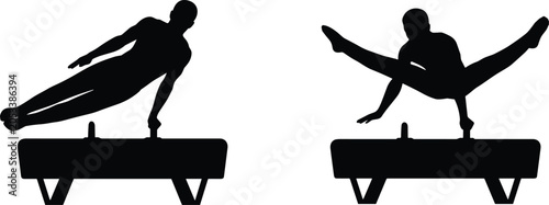 Obraz na płótnie Silhouette illustration of gymnasts performing pommel horse routines, showcasing
